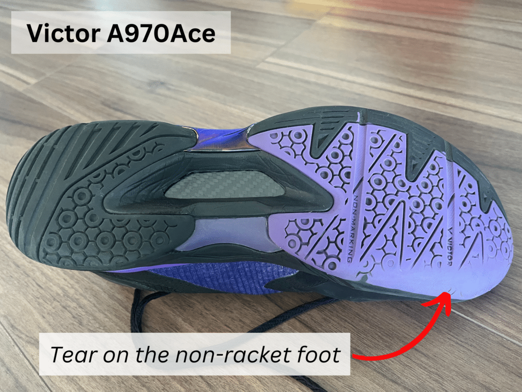 badminton shoe grip - victor a970ace outsole example of tear on the non-racket foot