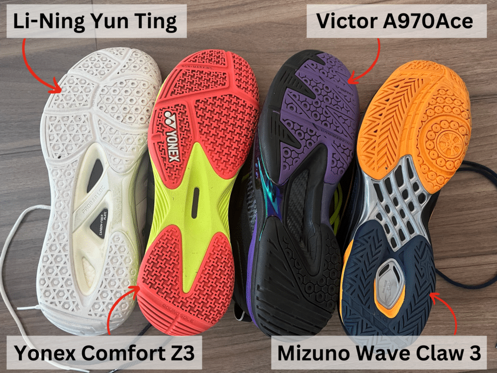 badminton shoes grip comparison (outsole comparison between Yonex, Mizuno, Victor and Li-Ning badminton shoes)